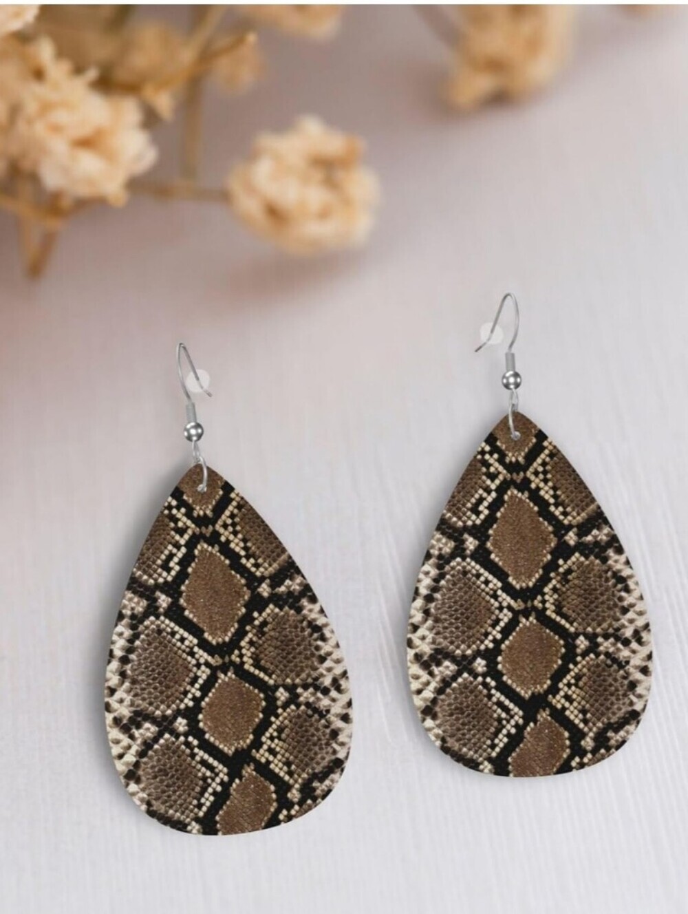 Snake Print Teardrop Dangle Earrings - Brown & Black